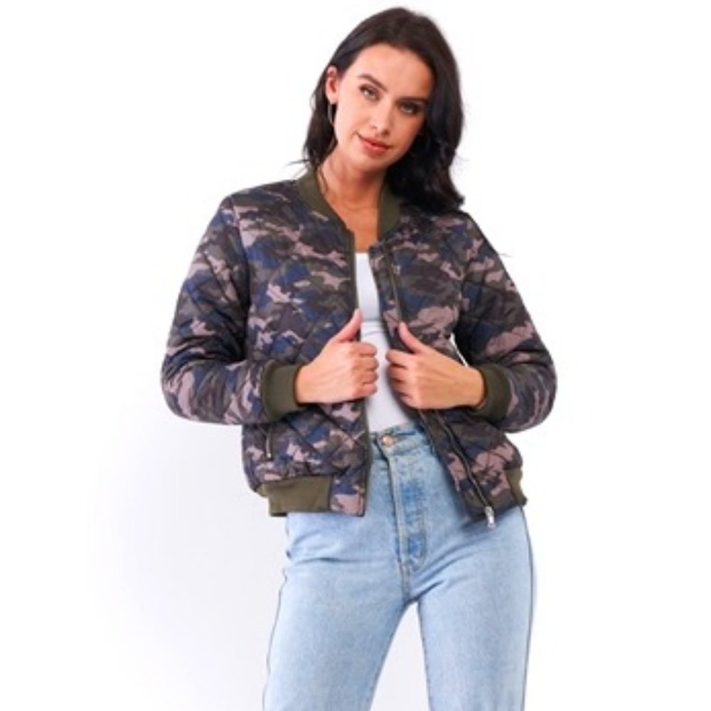 Olive Camo Print Quilted Puff Sleeve Front Zip-Up Spring Jacket